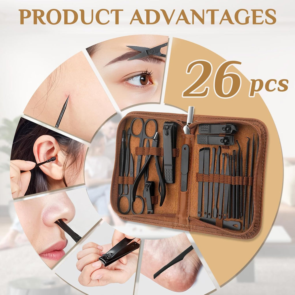 Manicure Set Professional Nail Clipper Kit-26 Pieces Stainless Steel Manicure Kit,Nail Care Tools with Luxurious Travel Case (Brown)