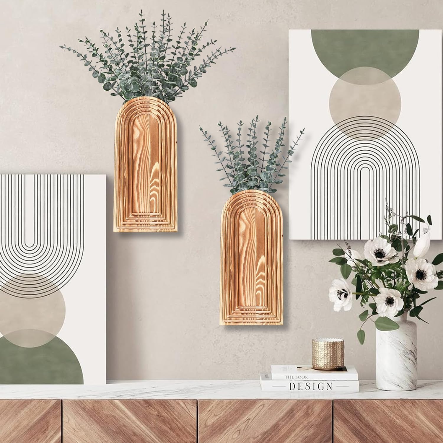 2 Pack Wooden Wall Vase Set - Brown Finish Modern Farmhouse & Boho Wall Decor for Entryway, Hallway, Bathroom, Living Room, Dining Room, Narrow Spaces