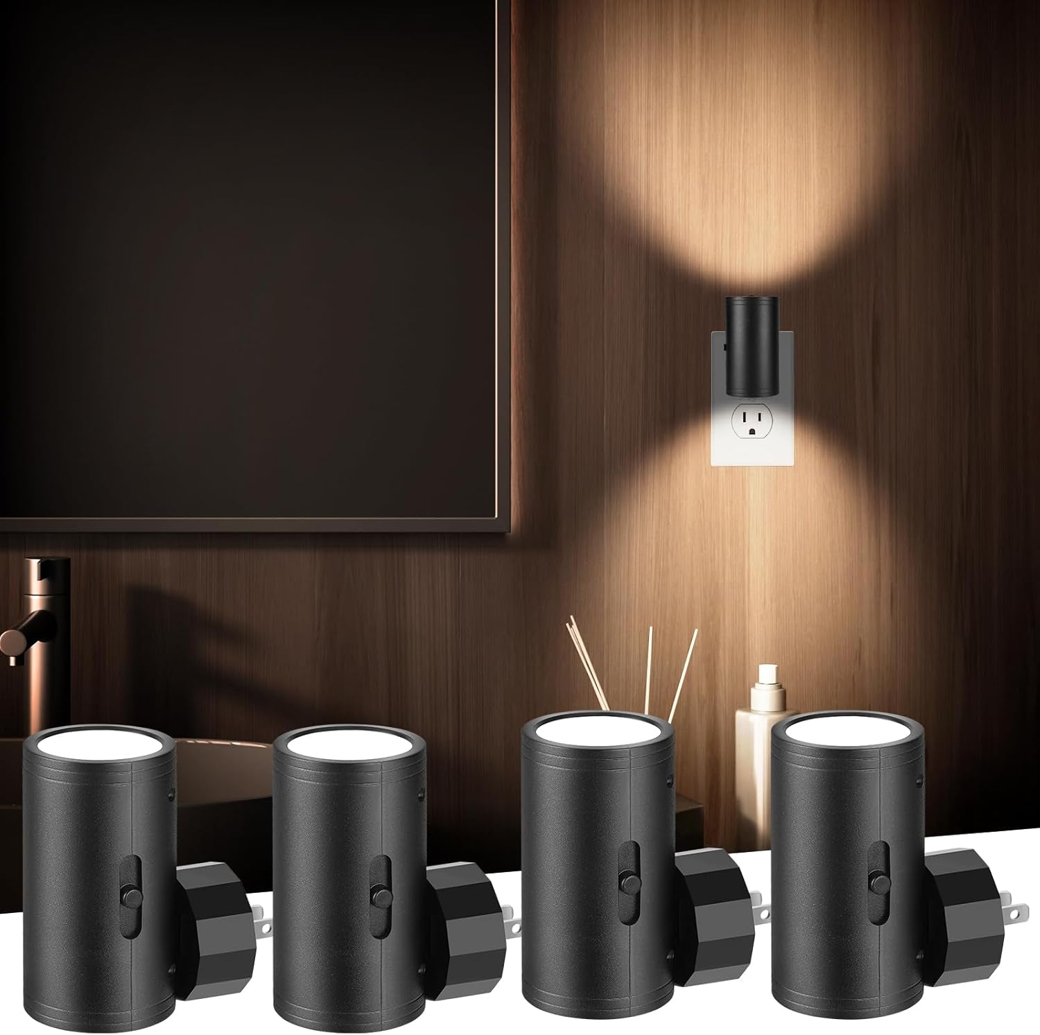 LED Night Lights Plug into Wall, Dusk to Dawn Sensor,5-300Lm Adjustable Brightness, Soft White 3000K,Dimmable Night Lights for Kitchen,Hallway Bedroom,Stairs, 2 Pack