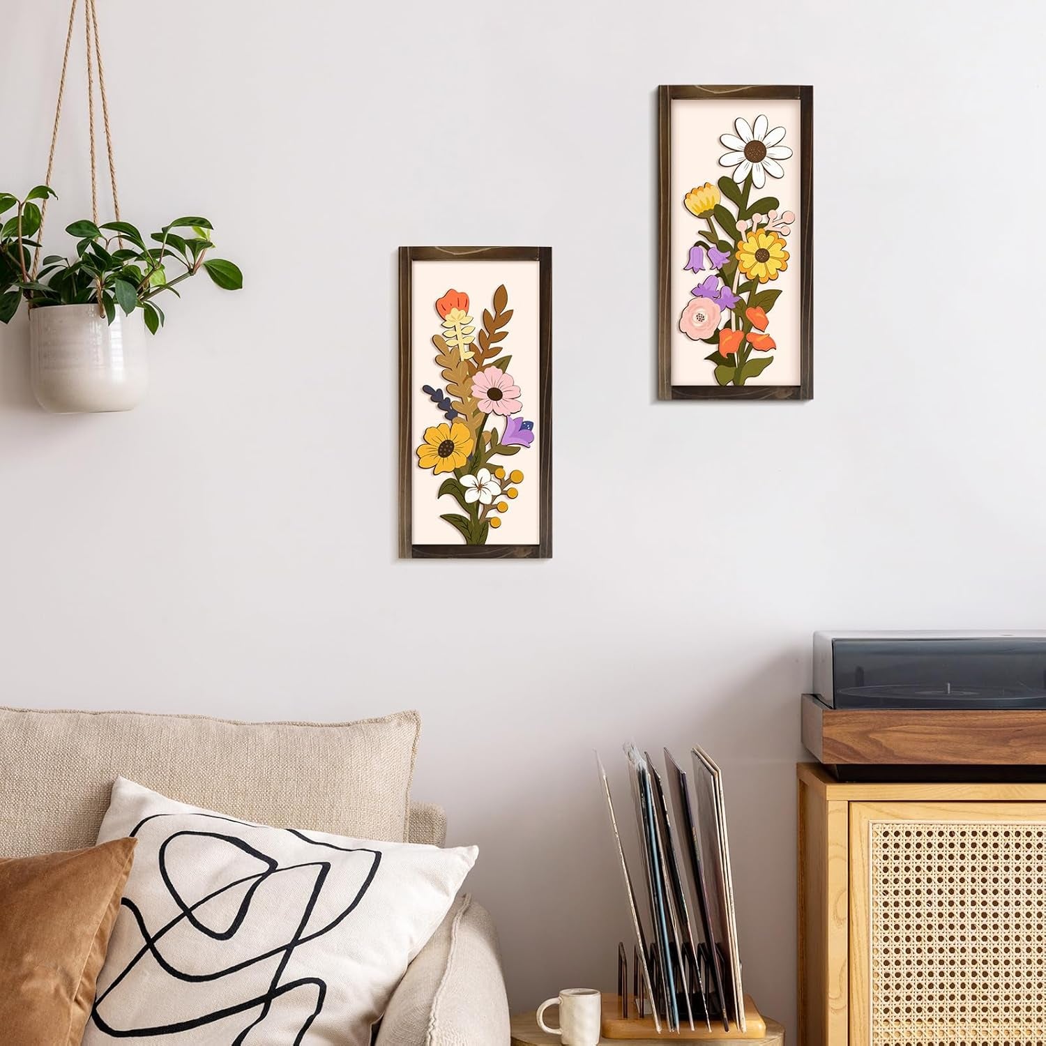 3D Floral Wall Art, 2 Set Rustic Wood Boho Flower with Vase Framed Wall Decor for Bathroom Living Room Bedroom Office Housewarming Gift, Ready to Hang Plaque Sculptures (White-A, 6L" X 12W", Framed)