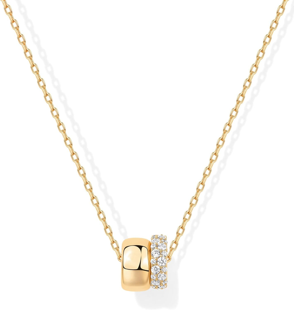 14K Gold Plated Pendant Necklace for Women | Two Distinct Rondelle Pendants with Cubic Zirconia | Sliding Chain Pendant | Trendy Fashion Jewelry