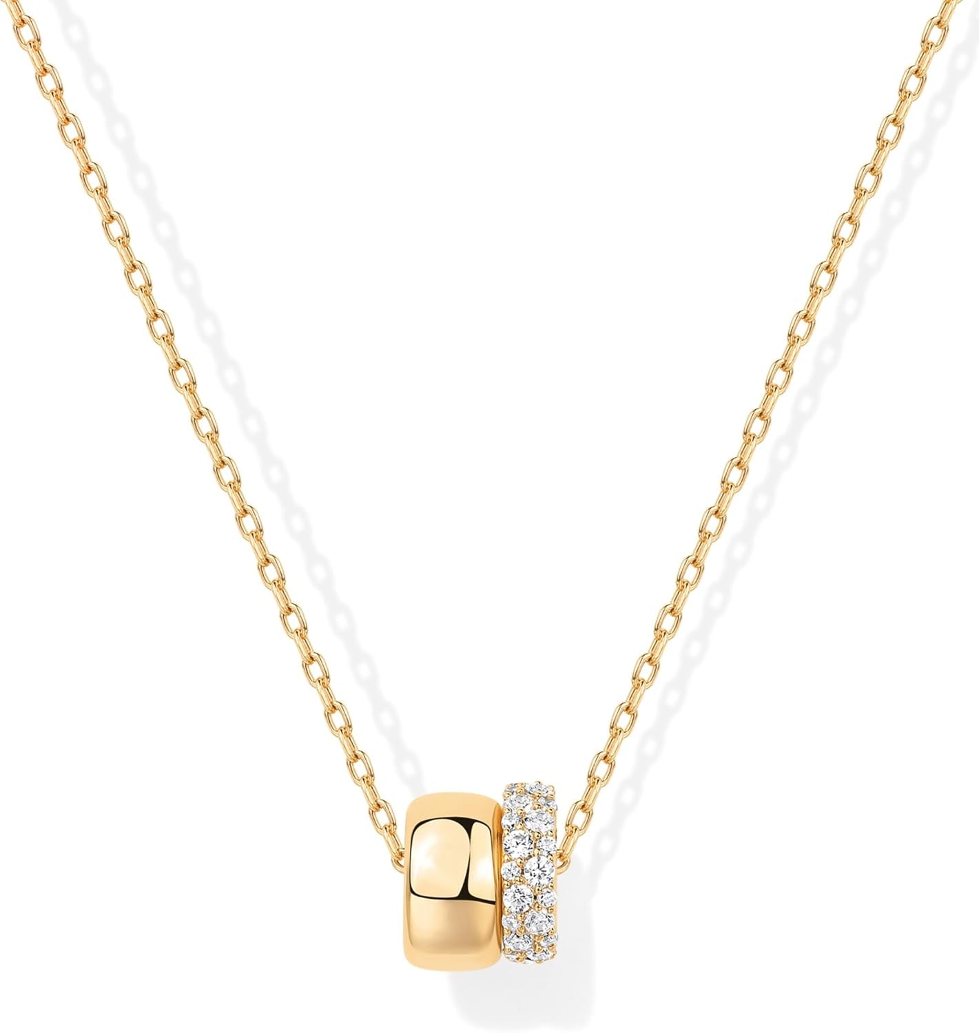 14K Gold Plated Pendant Necklace for Women | Two Distinct Rondelle Pendants with Cubic Zirconia | Sliding Chain Pendant | Trendy Fashion Jewelry