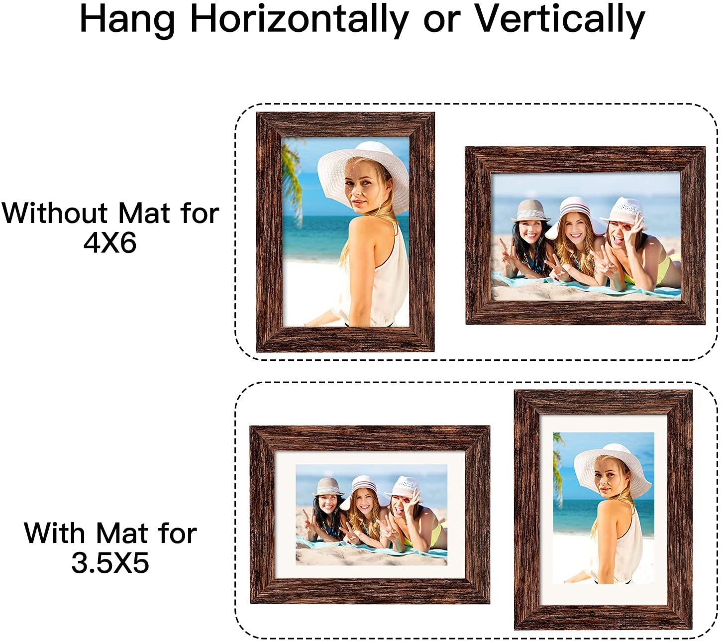 4X6 Picture Frame Distressed Farmhouse Wood Pattern Set of 4,Display 3.5X5 with Mat or 4X6 without Mat,Multicolour