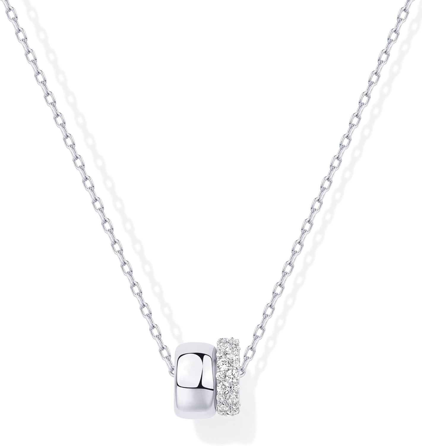 14K Gold Plated Pendant Necklace for Women | Two Distinct Rondelle Pendants with Cubic Zirconia | Sliding Chain Pendant | Trendy Fashion Jewelry