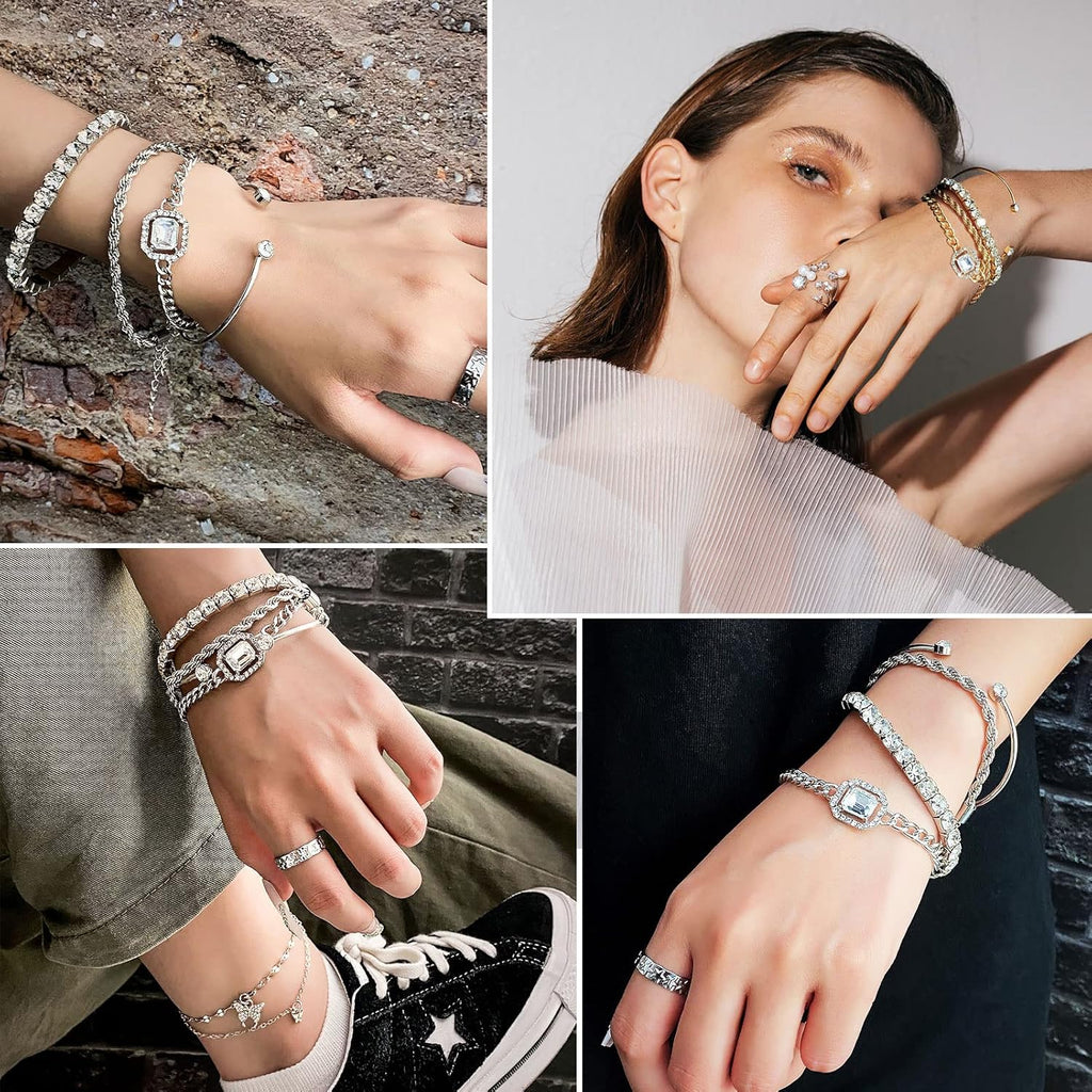 4 Pcs Dainty Gold Silver Bracelets Set for Women 14K Plated Link Cubic Zirconia Paperclip Stake Layering Chain Adjustable Trendy Hand Jewelry