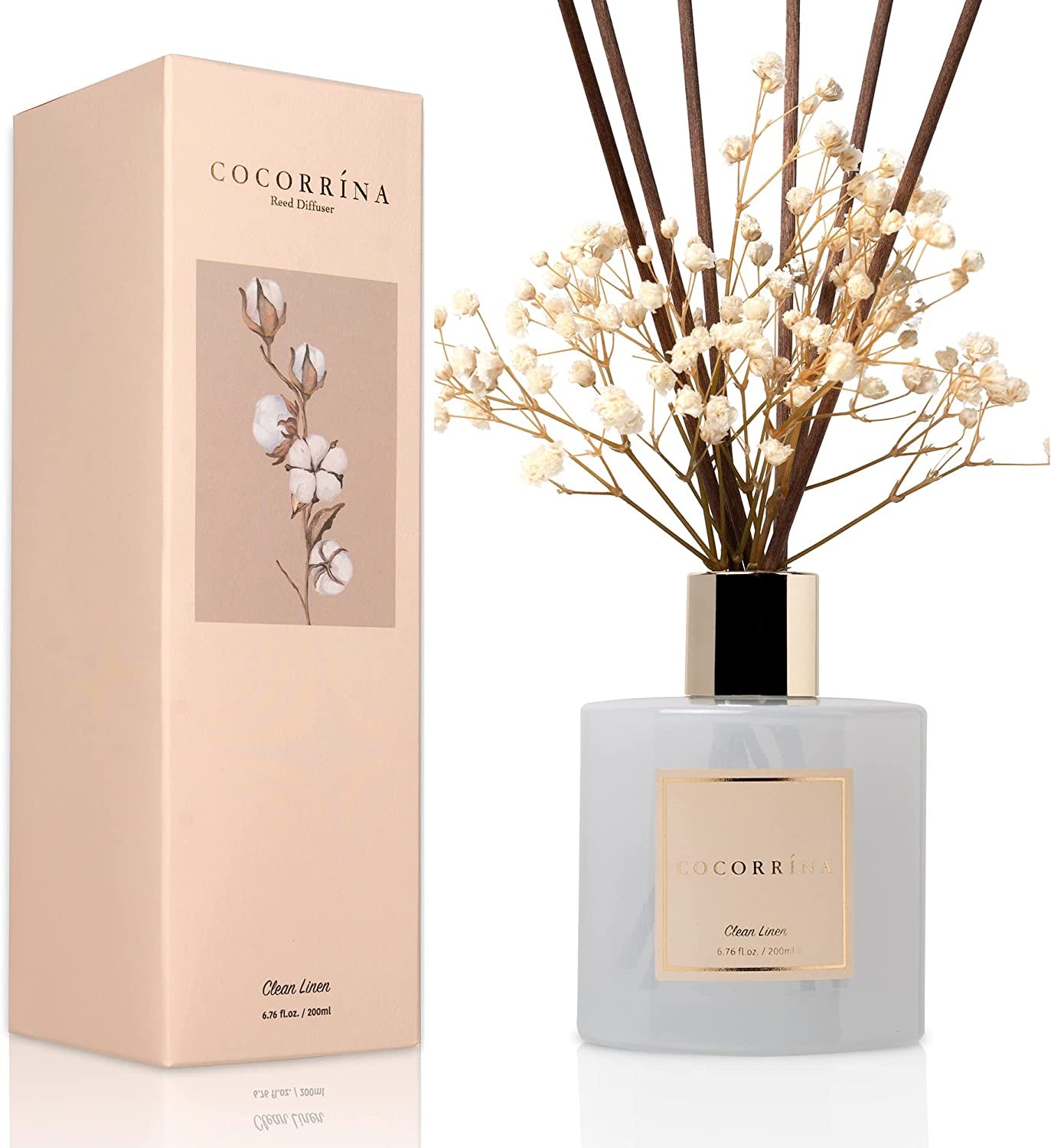 Reed Diffuser Set, Clean Linen 6.7 Fl Oz Scented Diffuser with Sticks Home Fragrance Reed Diffuser for Bathroom Shelf Decor