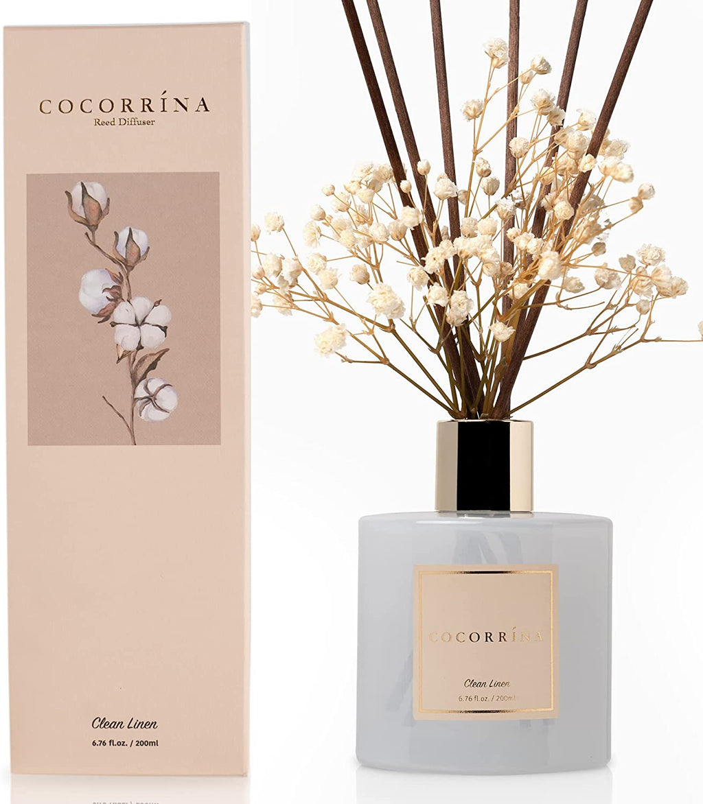Reed Diffuser Set, Clean Linen 6.7 Fl Oz Scented Diffuser with Sticks Home Fragrance Reed Diffuser for Bathroom Shelf Decor