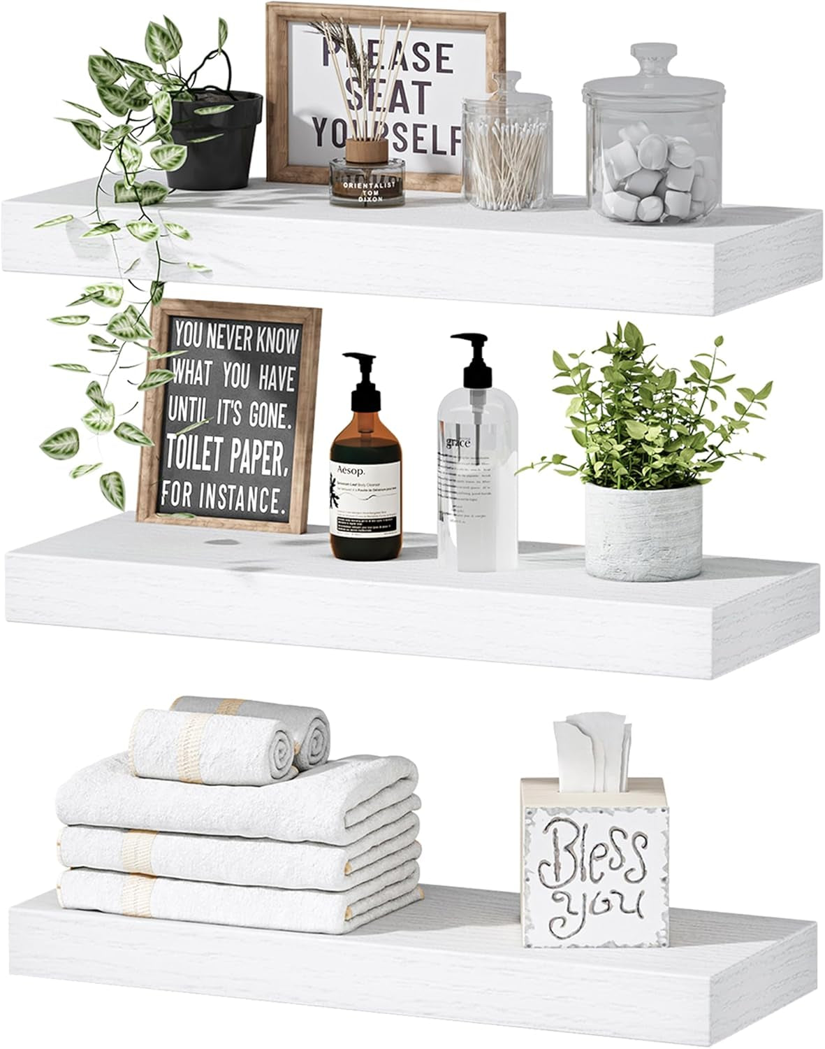 Floating Shelves for Wall Bathroom Shelf Bedroom Kitchen Living Room Hanging Book Shelves Small Farmhouse Decor 16 Inch Set of 3, Rustic Brown (015-BN3)