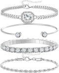 4 Pcs Dainty Gold Silver Bracelets Set for Women 14K Plated Link Cubic Zirconia Paperclip Stake Layering Chain Adjustable Trendy Hand Jewelry