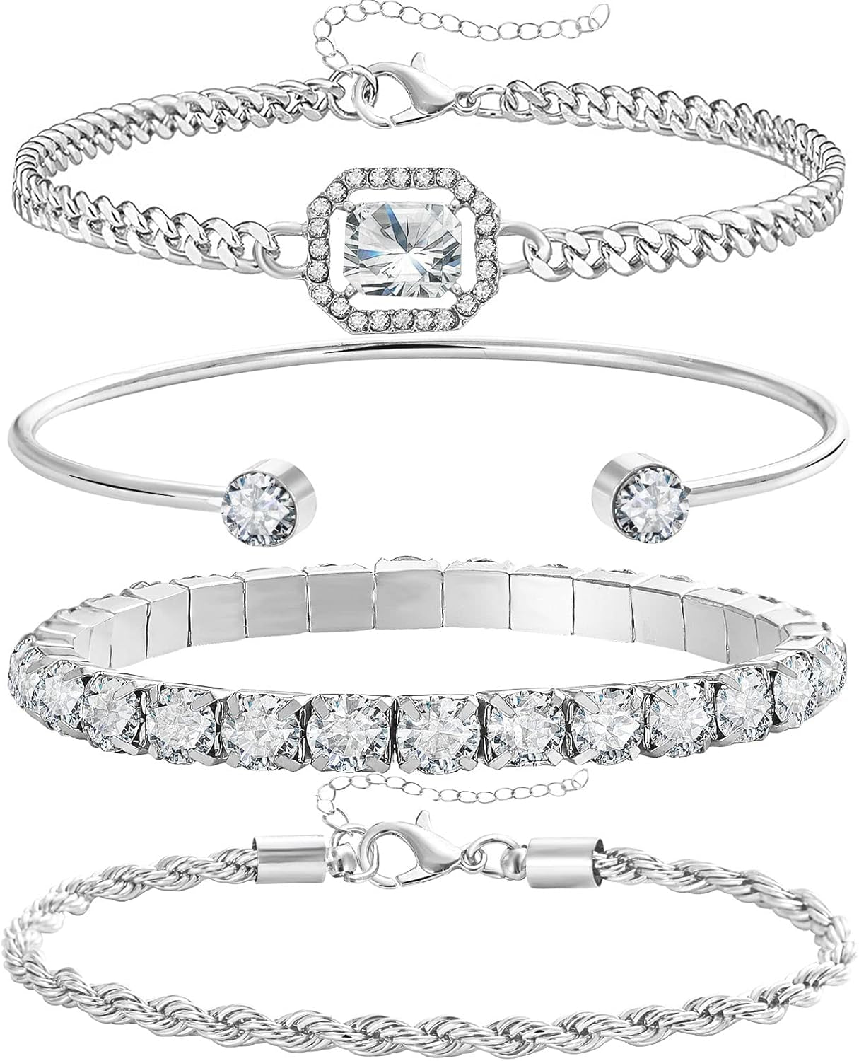 4 Pcs Dainty Gold Silver Bracelets Set for Women 14K Plated Link Cubic Zirconia Paperclip Stake Layering Chain Adjustable Trendy Hand Jewelry