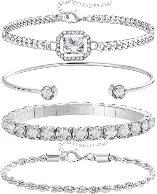 4 Pcs Dainty Gold Silver Bracelets Set for Women 14K Plated Link Cubic Zirconia Paperclip Stake Layering Chain Adjustable Trendy Hand Jewelry