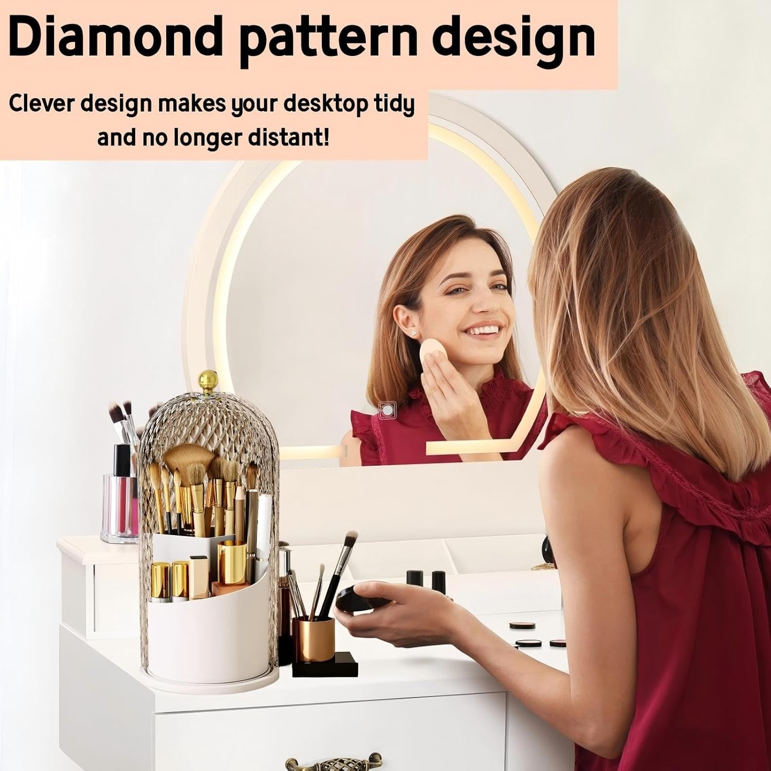 Makeup Brush Holder with Lid，Makeup Brush Storage Box with Diamond Pattern，360 Rotating Waterproof and Dustproof Beauty Brushes Storage for Vanity Bathroom,White