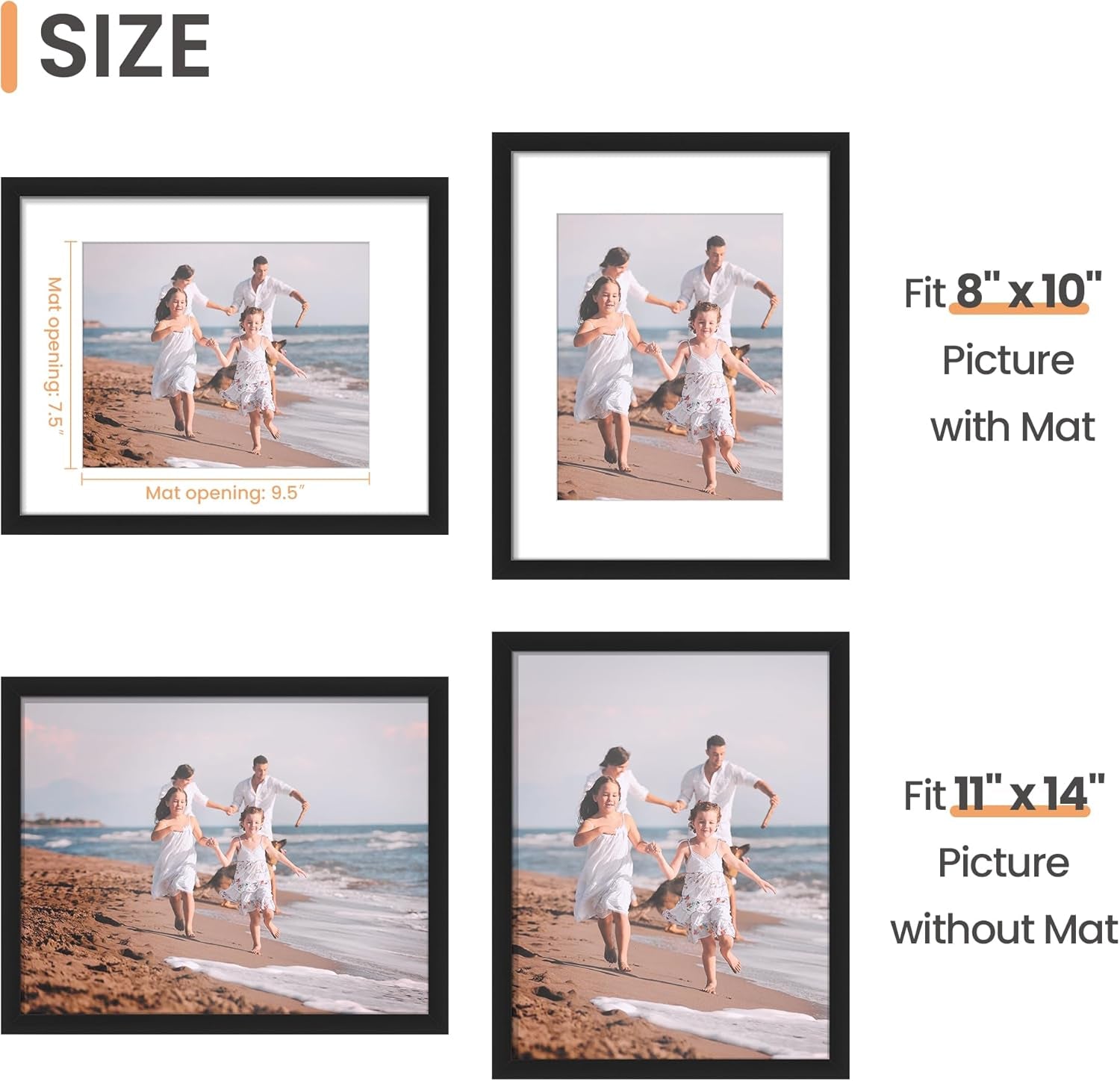 11x14 Black Picture Frame – Wall Hanging with Mat Option